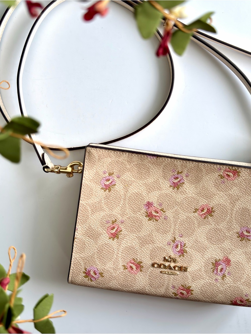 Coach Cream Pebbled Leather Floral Wristlet with Pink Rose Accents